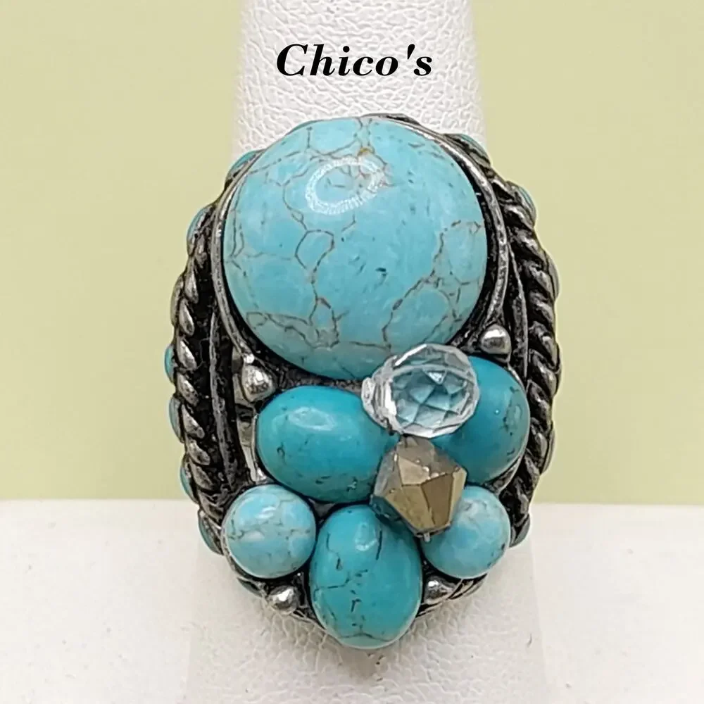 Chico’s Faux Turquoise Beaded Adjustable Ring Silver Tone Cluster Dome Size 8